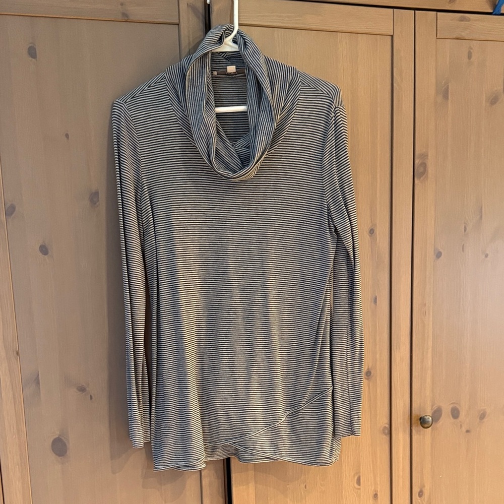 LOFT Dark and Light Gray Striped Cowl Neck Sweater